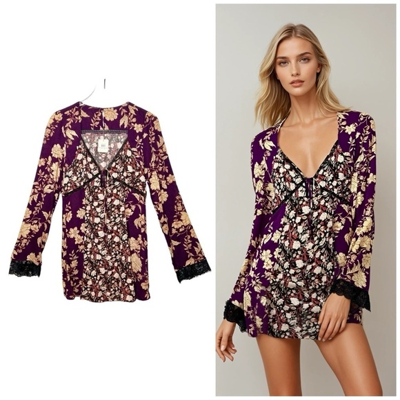 NEW Free People Odette Espresso Floral Print Babydoll Women’s Mini Dress  Sz S - Picture 1 of 12